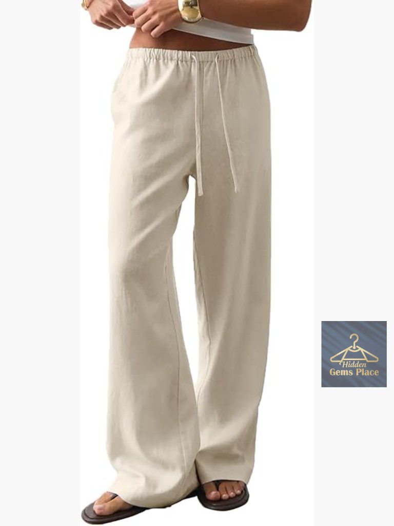 Wide Leg Linen Pants With Pockets, Drawstring Waist, Lightweight Casual